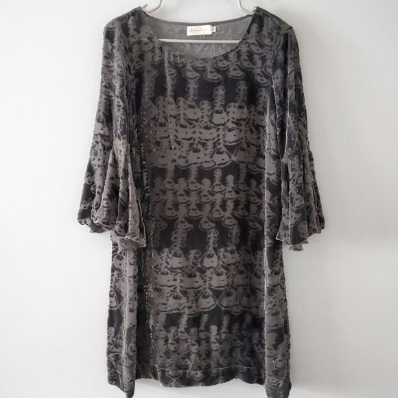 4 Love And Liberty Johnny Was Grey Velvet Burnout Ruffled Sleeve Tunic Dress - Picture 1 of 6